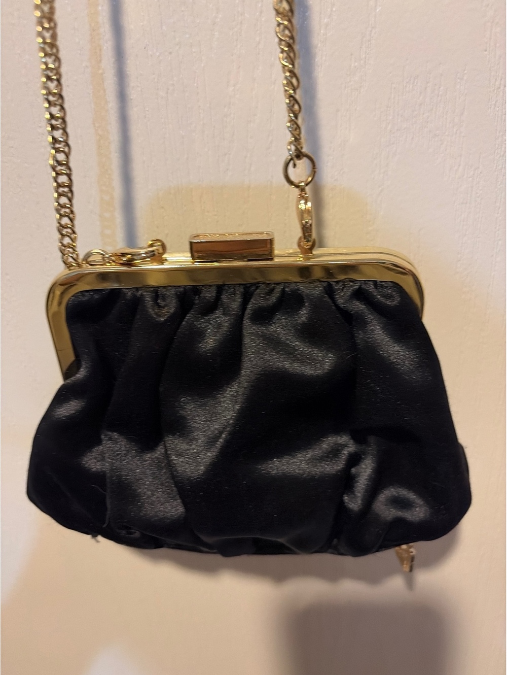 Black Satin Evening Bag with Gold Chain Strap